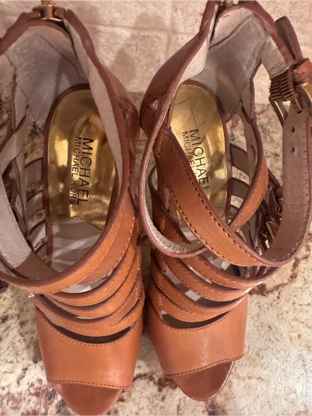 Michael Kors Leather Cognac Strappy Buckle High Heel 3”